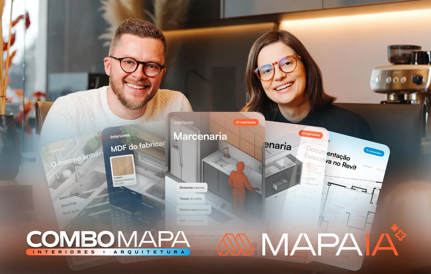 Marcos e Jessica com os cards do MAPA IA e os selos COMBO MAPA e MAPA IA